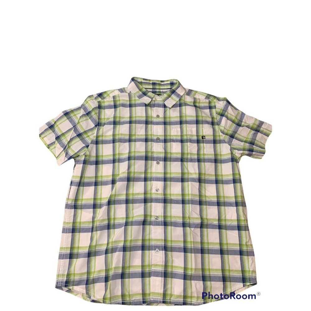 Marmot Mens Short Sleeve Green Blue Plaid Button Front Shirt Shirt Size Large XL